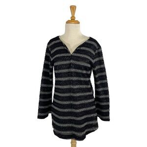 Andria Lieu M  Black Gray Striped Top Blouse Floral Art To Wear Sheer Career
